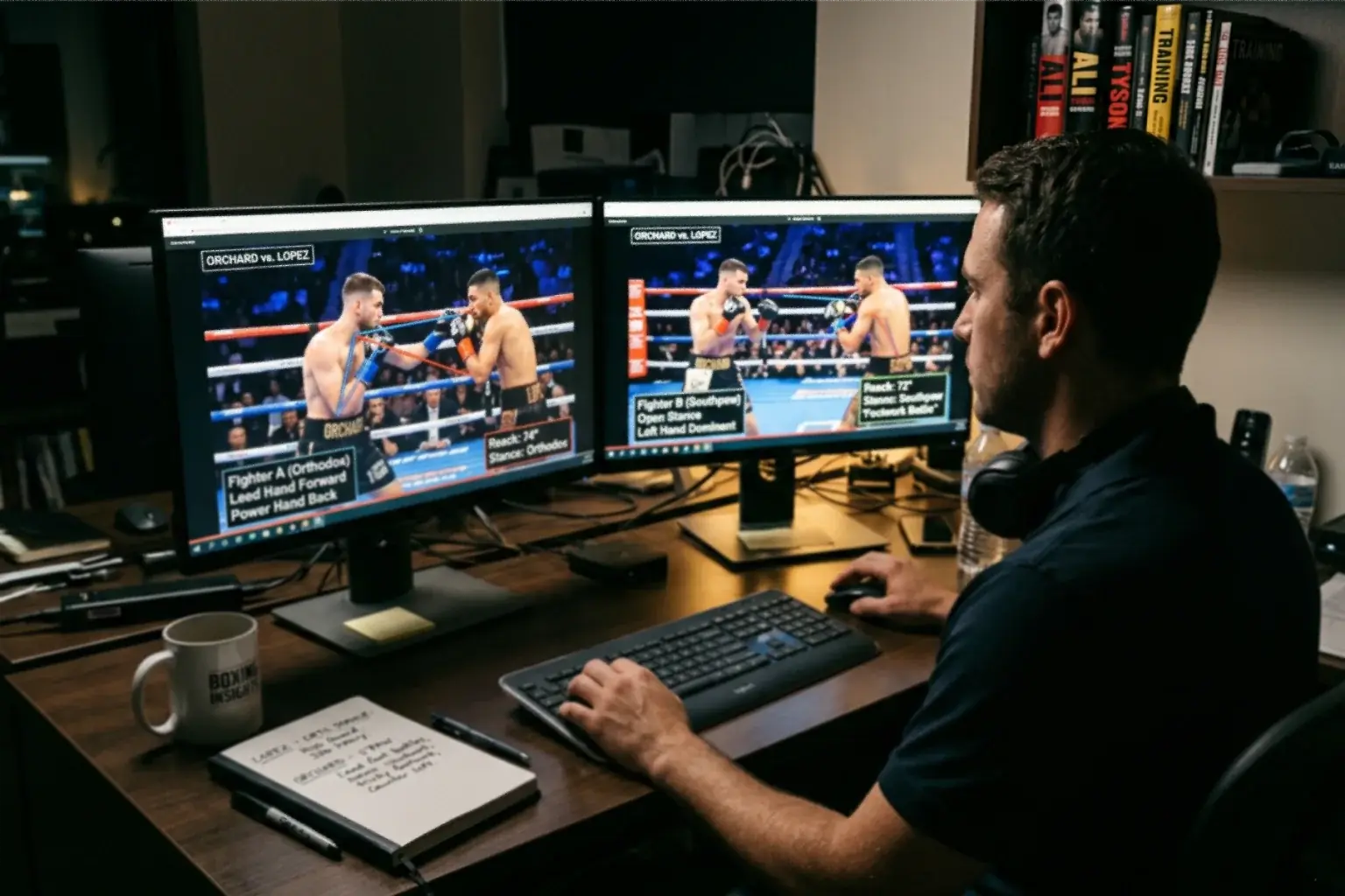 Analyst reviewing boxing footage on multiple screens showing fighter stance and movement patterns