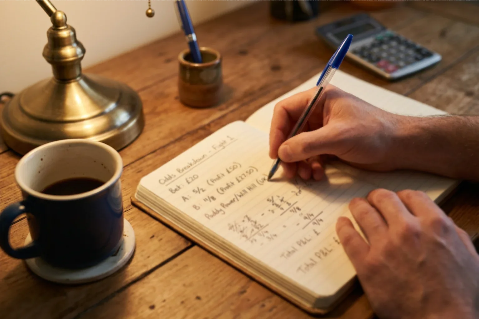 Bettor writing boxing odds calculations in a notebook with pen and coffee on desk
