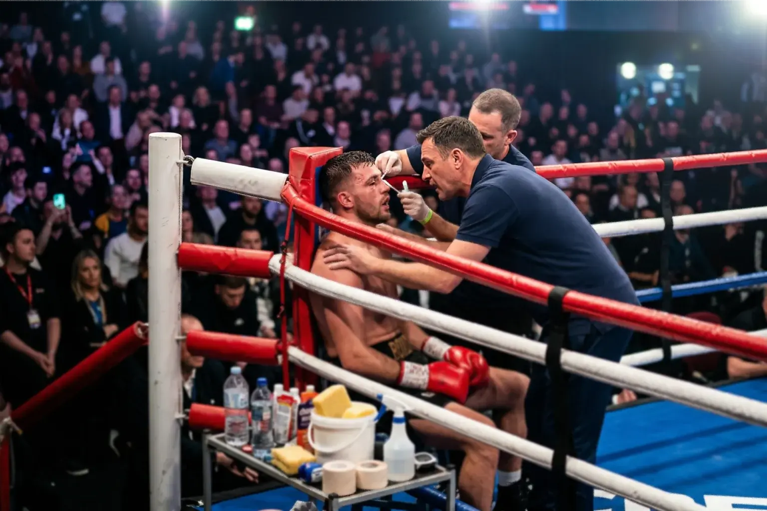 Boxing corner team giving instructions to a boxer between rounds with the crowd in background
